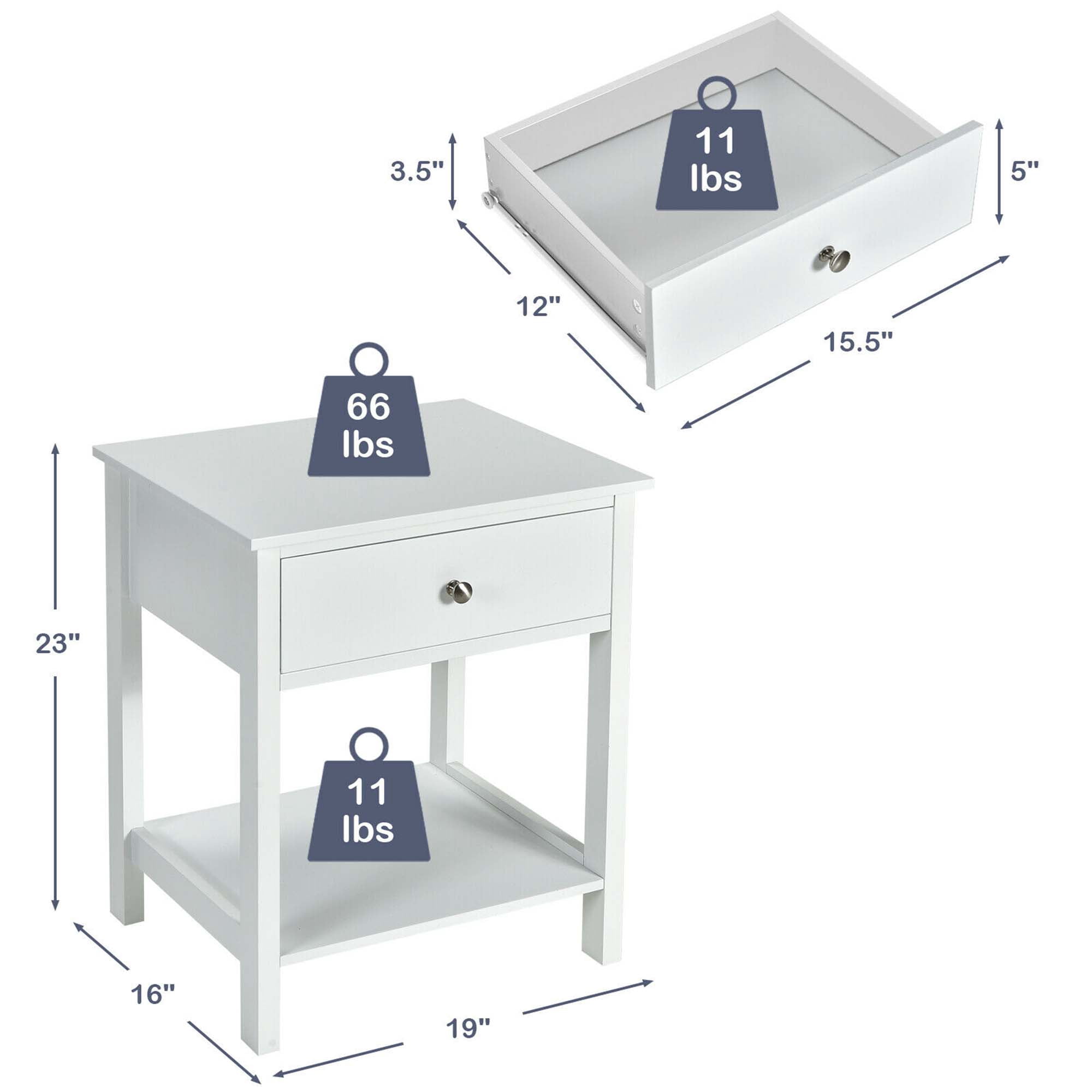 Gymax 2PCS 2-Tier Nightstand Modern Side End Table w/ Drawer & Open Shelf White