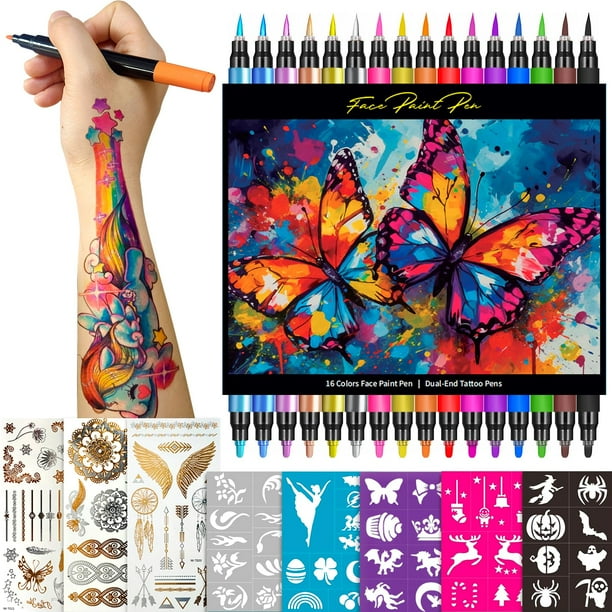 Marcadores temporales para tatuajes CORALMEE, 16 colores, con plantillas y pegatinas