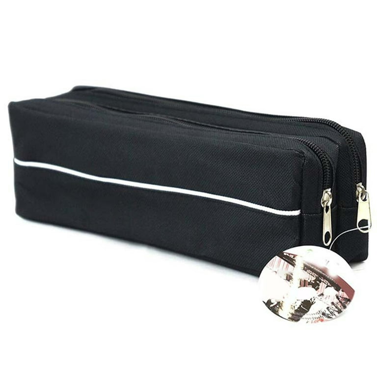 Double Layer Large Capacity Student Zipper Pencil Case Pen Storage Bag  Pouch Black Polyester