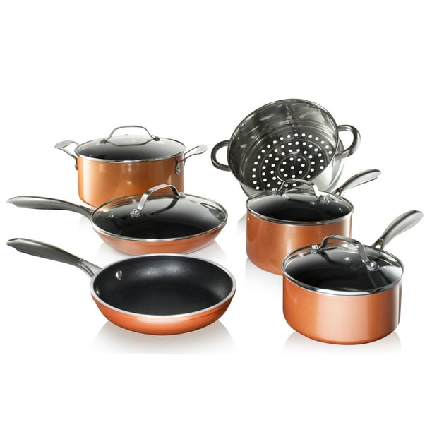 Gotham Steel Copper Cast Pots and Pans Set, 10 Piece Cookware with