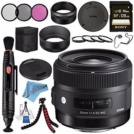 Sigma 30mm f/1.4 DC HSM Art Lens for Canon #301101 + 62mm 3 Piece Filter Kit + Sony 128GB SDXC Card + Lens Pen Cleaner + Fibercloth + Lens Capkeeper + Deluxe Cleaning Kit + Flexible Tripod