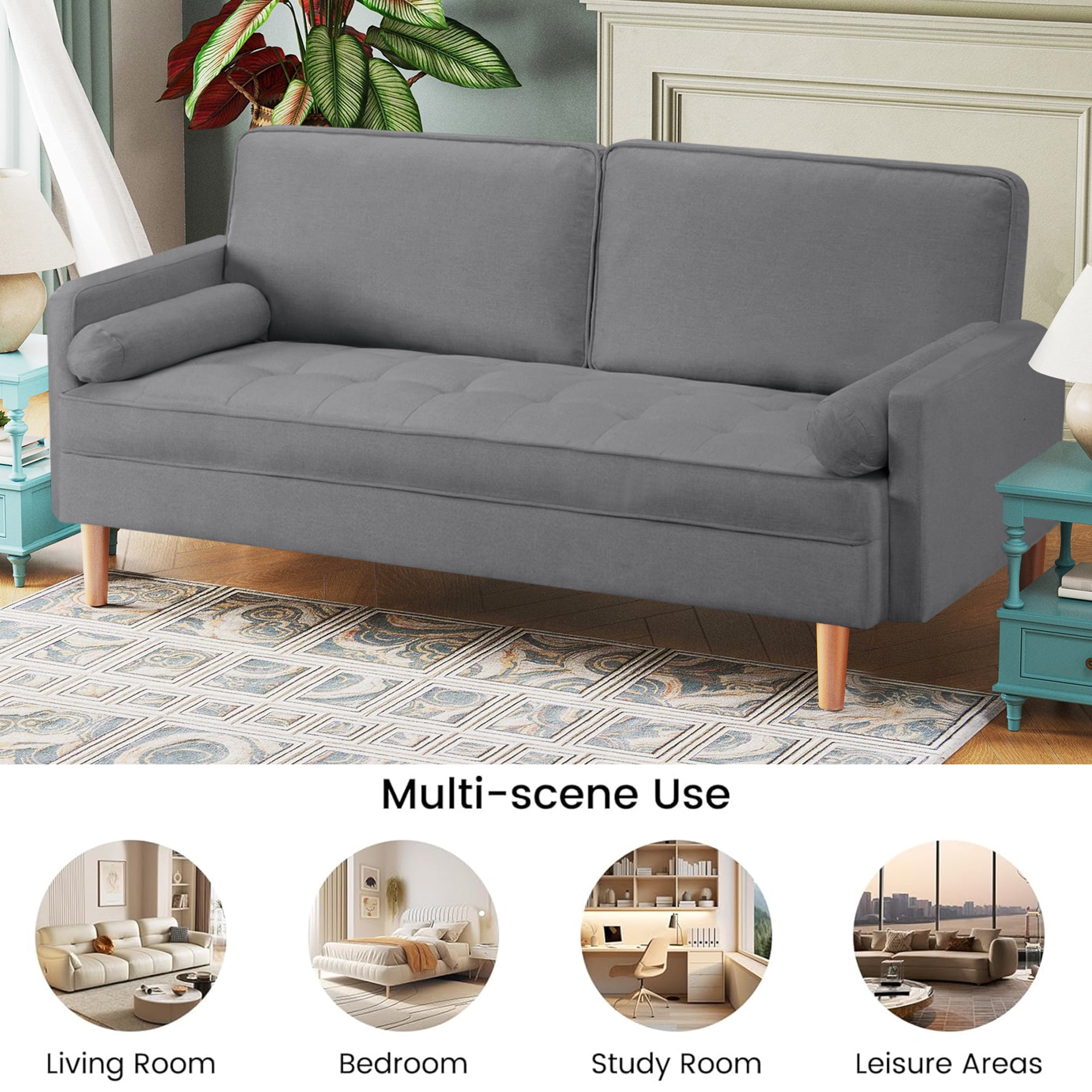 70" Modern Loveseat Sofa Couch,Mid-Century Velvet Upholstered Small Love Seat Couch with 2 Pillows for Compact Space,Living Room,Apartment,Grey