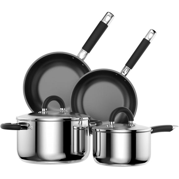 Pots and Pans Set Non Stick, 5 Ply Stainless Steel Cookware Set of 6, 2.8QT 6.5QT Pots 10 11.5 Frying Pan, Compatible with Gas Induction Ceramic Stove, Dishwasher Safe