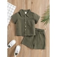 thumbnail image 2 of Qmyliery 2Pcs Little Boys Outfit, Toddlers Summer Autumn Solid Color Lapel Short Sleeve Single-breasted Tops + Shorts Set, 2 of 9