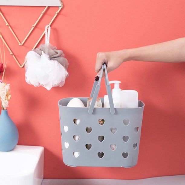 Cesta de ducha portátil LSLJS, cesta de almacenamiento de plástico con asa, organizador resistente con orificios de drenaje en forma de corazón, organizador de baño, bolsa de almacenamiento para