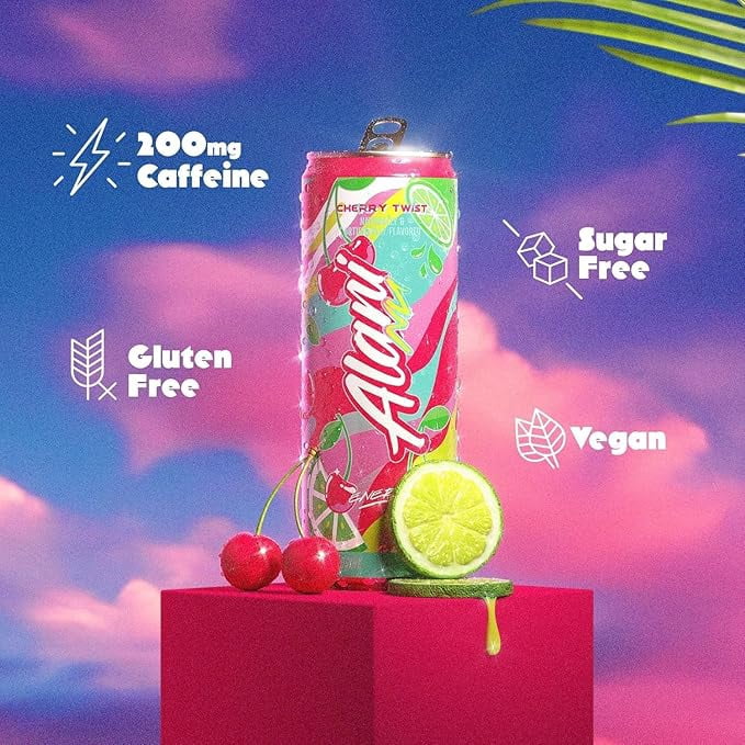 New Alani Energy Drinks Cherry Twist Low - Calorie, Zero Suger, Energy Boost Drinks 12 oz (6 Pack)