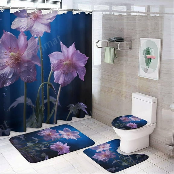 4 Pcs Simple Flower Shower Curtain Set with Non-Slip Rug, Toilet Lid Cover, Bath Mat Purple Watercolor Plant Shower Curtain with 12 Hooks for Bathroom Decor