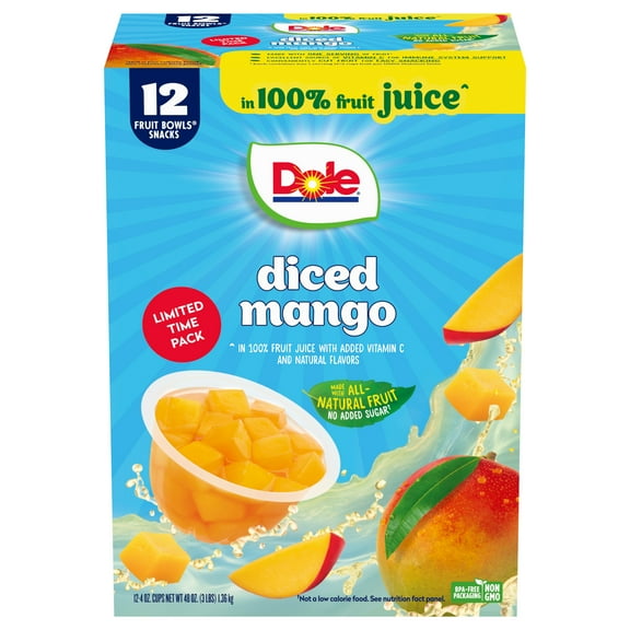 Dole Fruit Bowls Diced Mango in 100% Juice, 4 oz Cups (12 Pack)