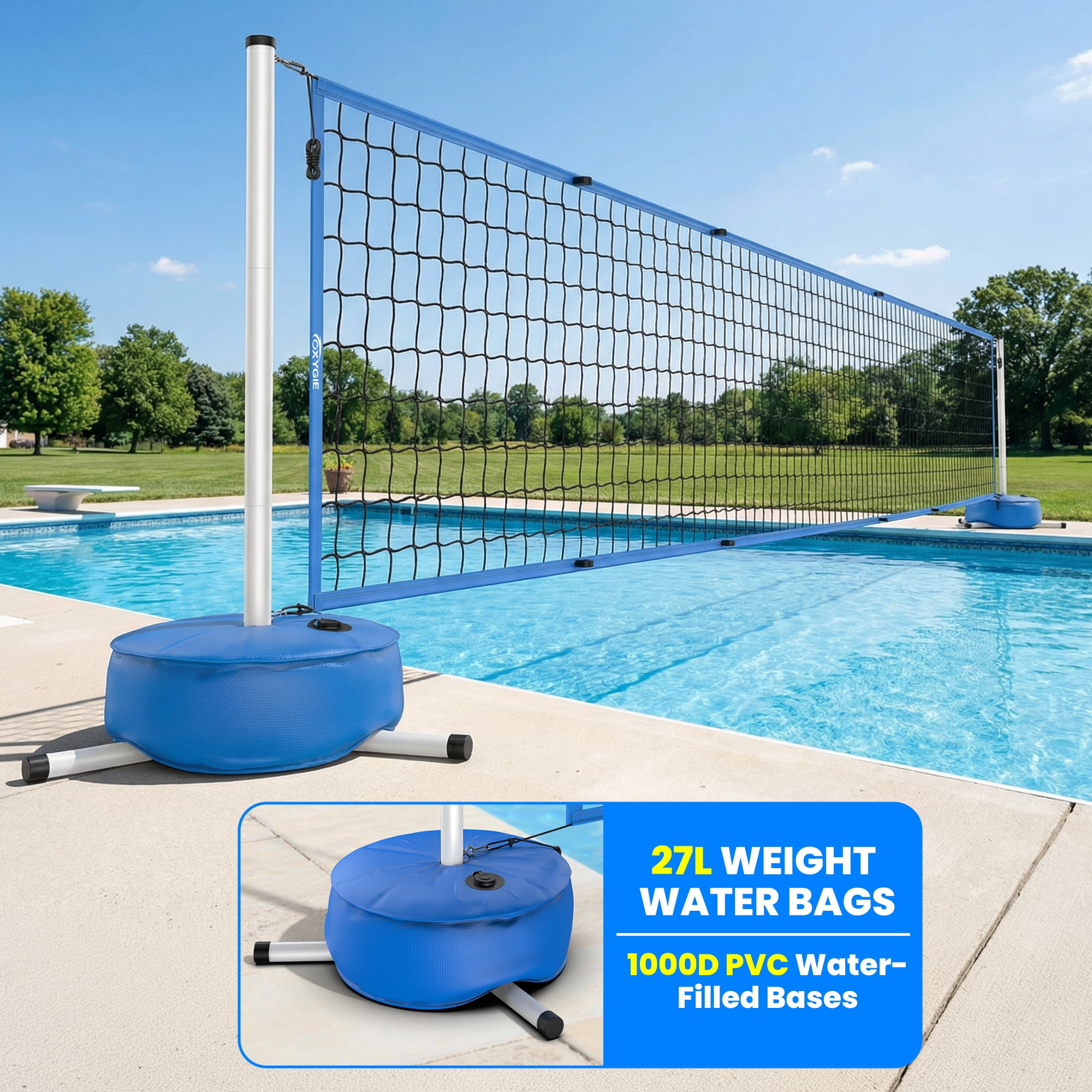 PATIASSY Pool Volleyball Net Set for Swimming Pool, Adjustable 15–30FT with Stable Weighted Base, Easy Setup Outdoor Pool Game for Family & Party Fun