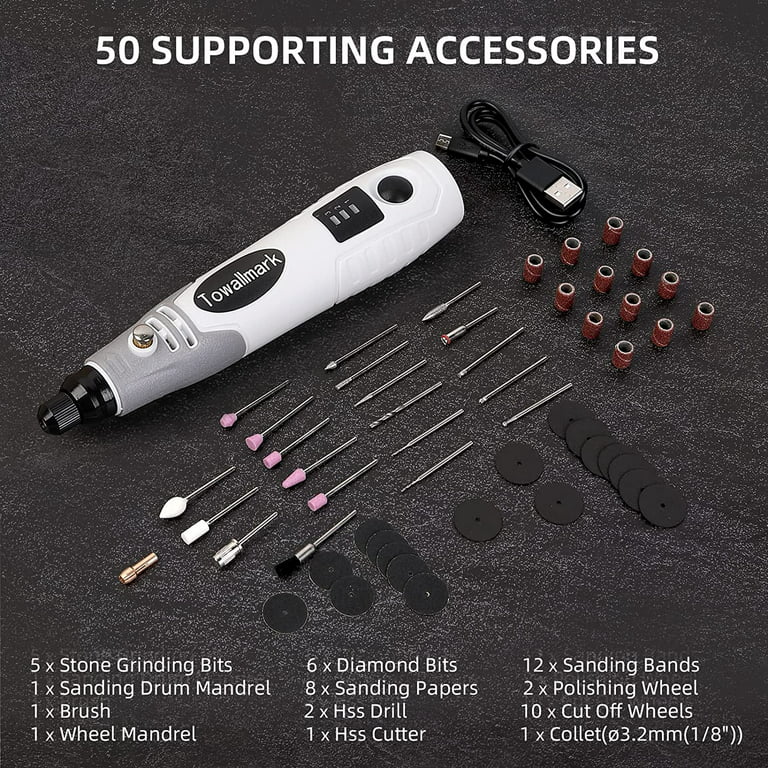 Mini Cordless Rotary Tool Kit 3.6V with 50 Accessories, USB Charging and  3-Speed, Towallmark Multi-Purpose Power Tool for Sanding, Polishing,  Drilling, Carving, Delicate & Light DIY Small Projects. 