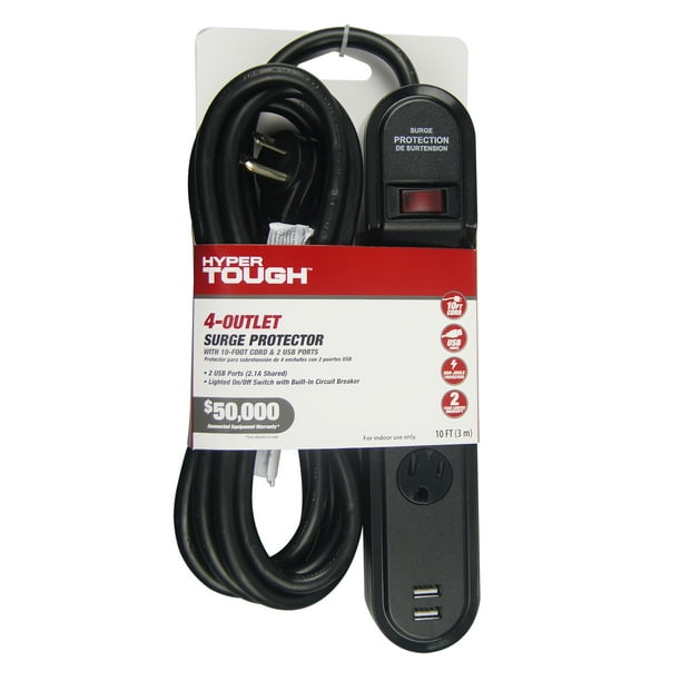 Hyper Tough 4Outlet 10ft Surge 900Joule Protection with 2 USB, Black