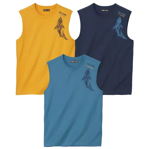 Atlas For Men - Camiseta Sin Mangas Impreso para Hombre - Pack de 3 (Amarillo, Azul, Azul Marino)