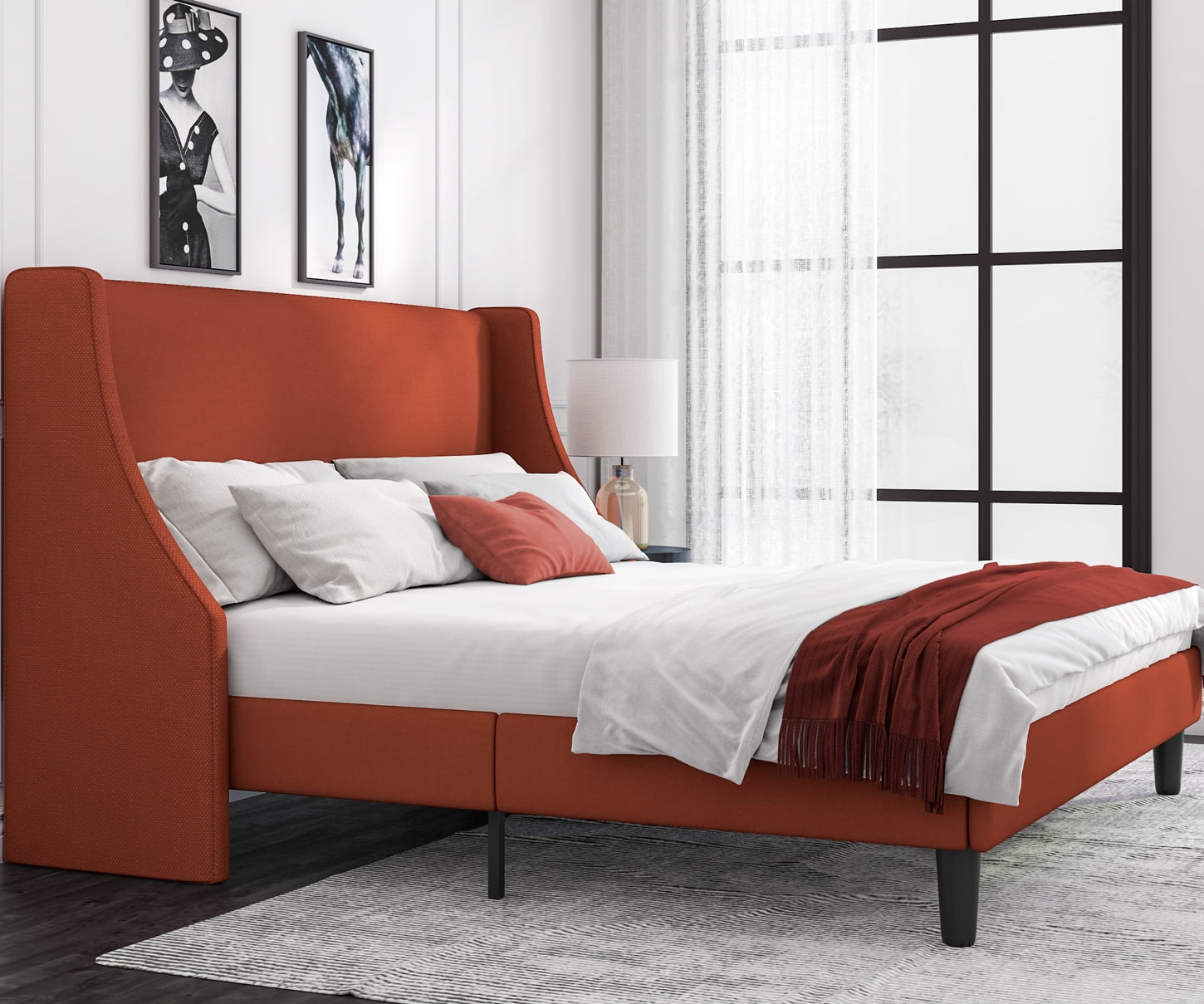 Allewie King Size Fabric Upholstered Platform Bed Frame with Wingback Headboard, Burnt Orange