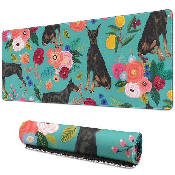 Long Mouse Pads for Desk,Doberman Dog Pattern with Pioneer Flower Desk Mats on Top Of Desks, Desk Mouse Pad Extra Large with 3mm Non-Slip Base and Stitched Edge for Gaming,Office,Work,Home 31.5"x11.8"