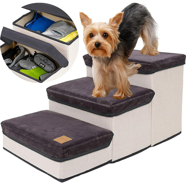 kingwolfox Dog Step Stair, Pet Storage Stepper, Foldable Pet Step for Couch Sofa with Velcro and 3 MDF Storage Boxes Suitable for Cats Small Dogs up to 20 pounds(Total Height of