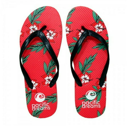 Beaute Fashion Trendy Tropical Print Flip Flops Desert Resort Travel Thong Sandal Slipper (Small 5-6, Red