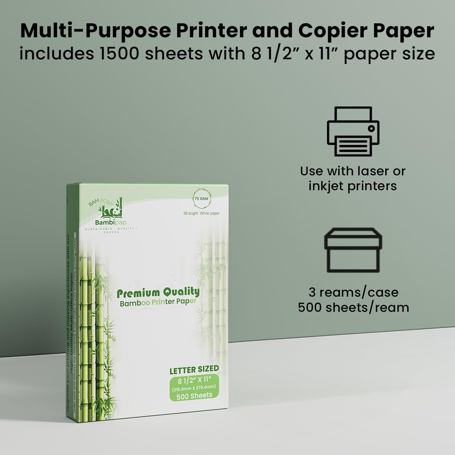 BAM POS Bamboo Printer Paper - 8 1/2” x 11”- 20LB Multipurpose White Paper - Made from Bamboo Fiber - 3 reams (1500 Sheets)