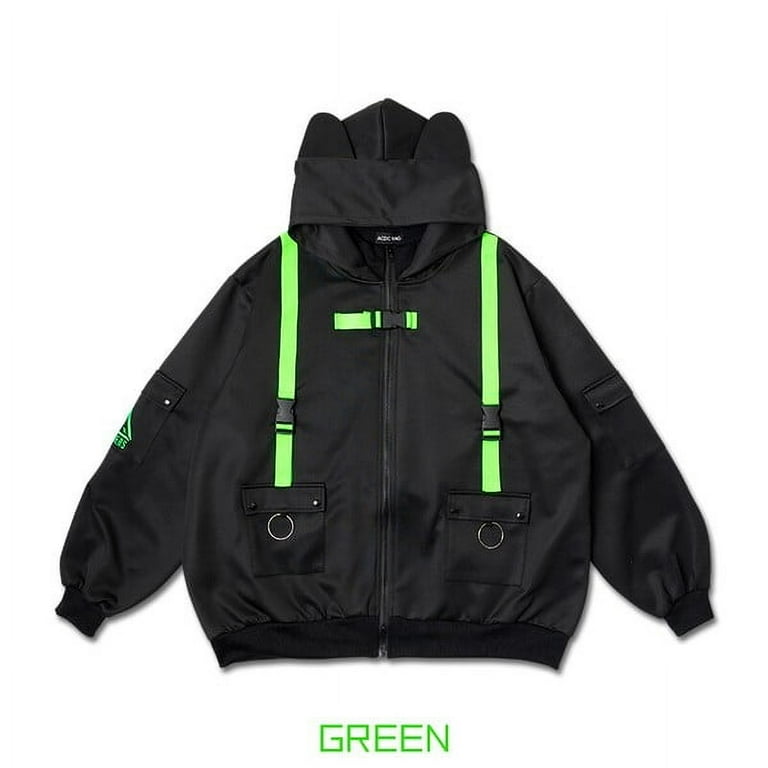 Cyberpunk Cat ears black & toxic green punk emo zip up
