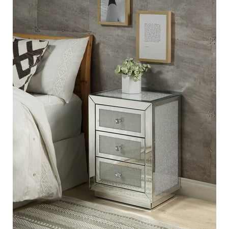 Accent Table with 3 Drawers, Mirrored Glass and Faux Diamond Trim, Silver Metal and Synthetic Wood Frame, Rectangular Glam Storage Side Table for Living Room, Fully Assembled