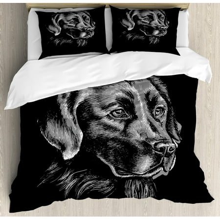 Labrador Duvet Cover Set Queen Size, Artsy Sketch Portrait of Retriever Puppy with Calm Face Best Friend Pattern, Decorative 3 Piece Bedding Set with 2 Pillow Shams, Black and Grey, by
