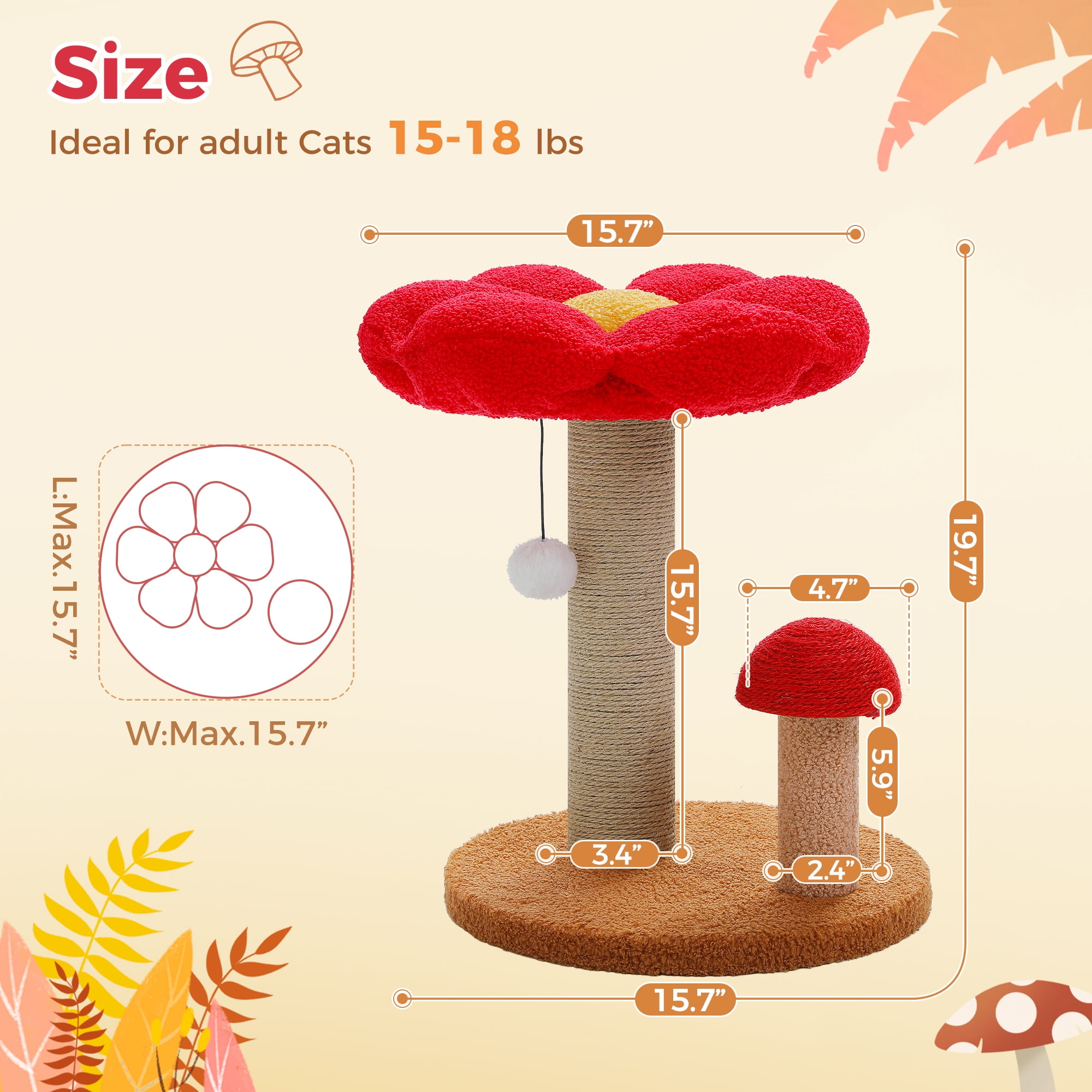 PEQULTI 19.7" Flower Cat Scratch Post, Cat Tree Tower with Removable Perch for Kittens and Small Cats, Brown