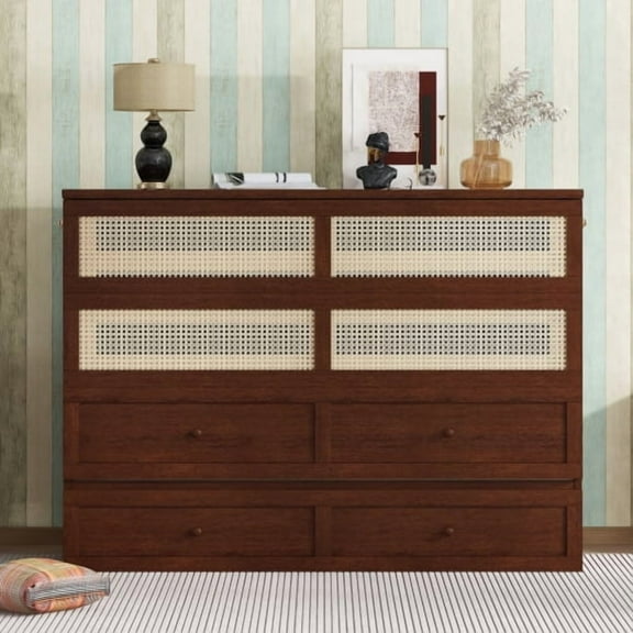 Queen Size Murphy Bed, Pine Wood Cabinet Bed with Rattan Decoration and Storage Drawer,Walnut