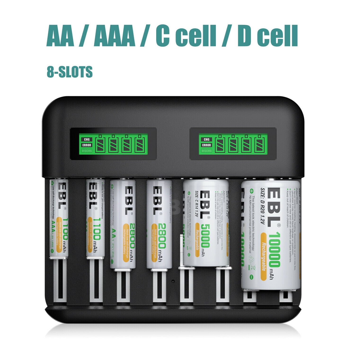 8Slot LCD Smart Rechargeable C D Size Battery Charger for AA AAA NiMH
