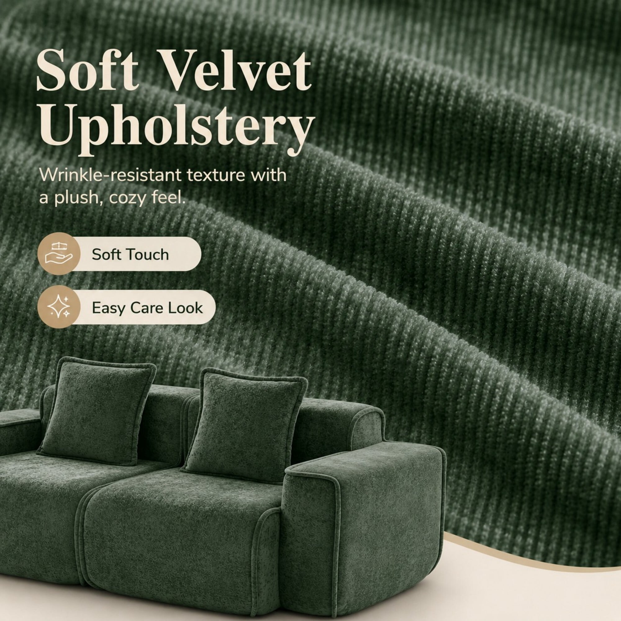 DEALTOPS 78.7" Modern 2-Seater Velvet Boneless Cloud Sofa Couch, Modular Loveseat with 2 Pillows, Sage Green