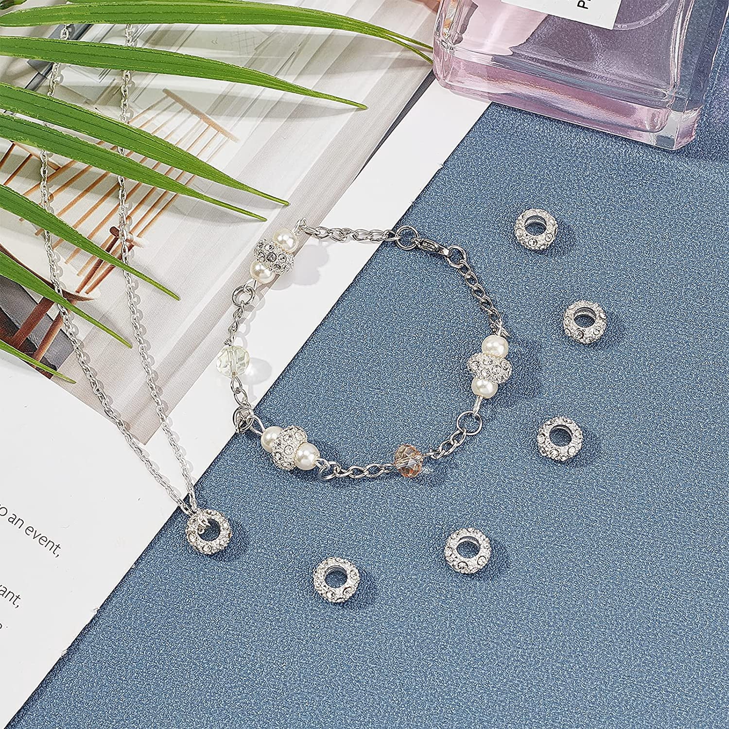100pcs Rhinestone Large Hole Beads Diamond European Beads Garden Decor Beaded Rondelle Slide Spacer Beads Hair Beads Fit Bracelet Snake Chain Yard Patio Plant Pot Flower Decor Hole: 5mmClear