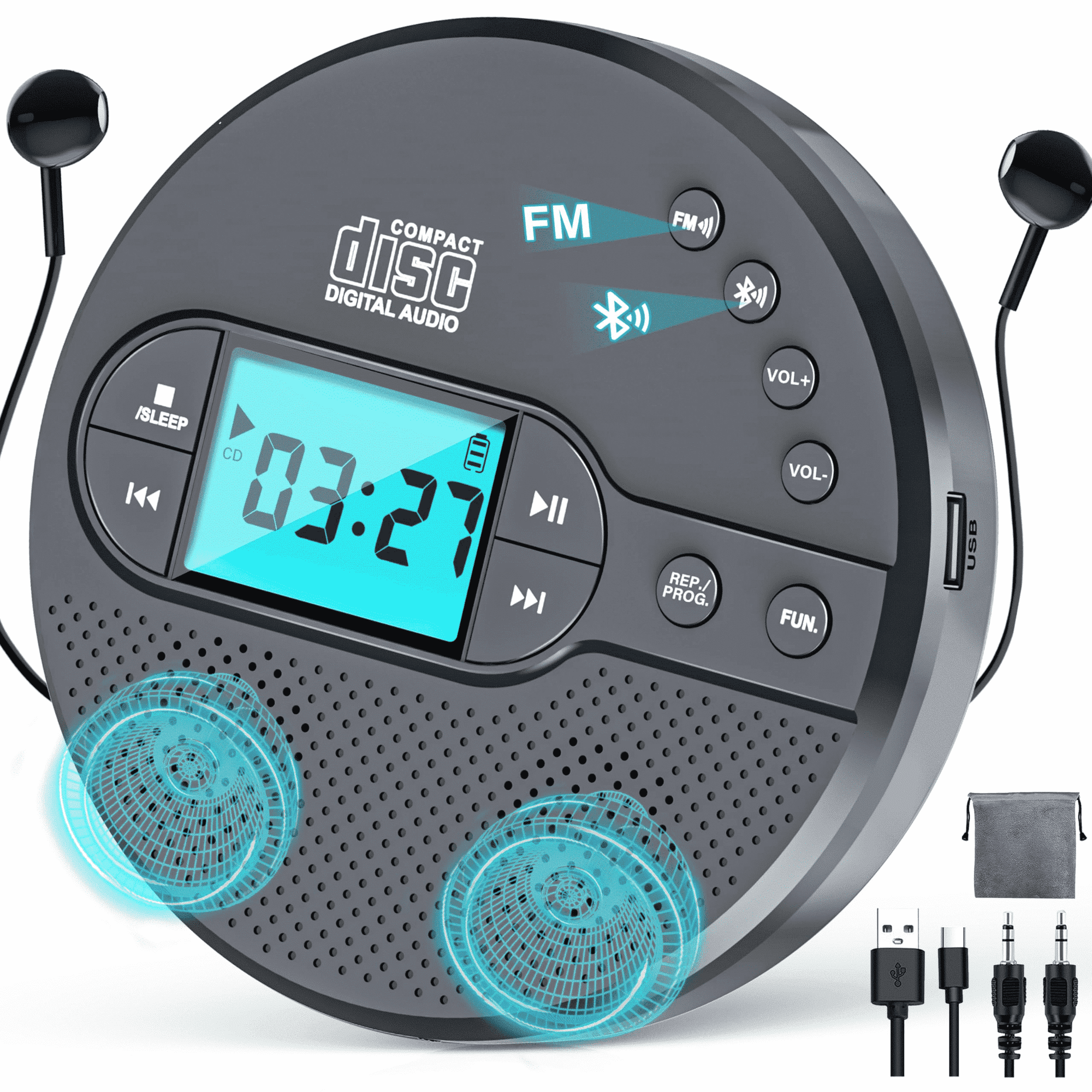 Jazmm NEW 2025 CD Player Portable with Bluetooth, 2000mAh Rechargeable Discman CD Player for Car