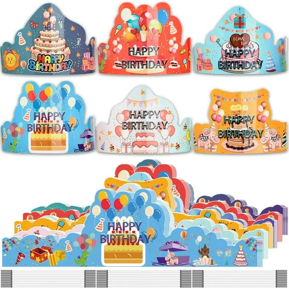 Birthday Crowns for Kids, 30 Pack Assorted Designs Paper Crowns, Classroom Birthday Hats, VBS Party Decor Adjustable Elastic Band, Reusable, Ages 15-28 inches, Multiple Colors