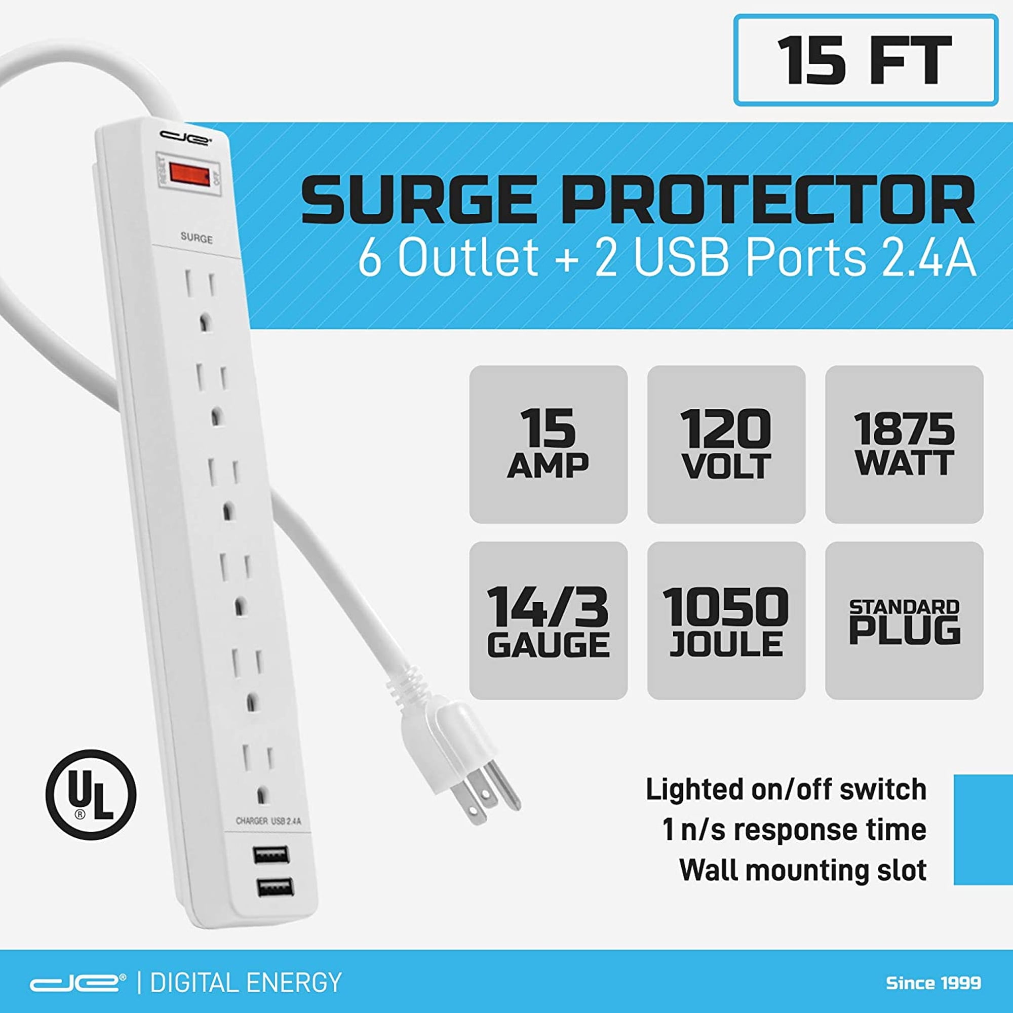 Digital Energy 6-Outlet + 2 Usb 1050 Joule Surge Protector Power Strip, White