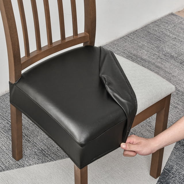 Xiao Hua Funda de Asiento de Silla de Comedor de Cuero Negro -4 Piezas, Banda Elástica Impermeable, Bolsillo Deslizante, Adecuada para Protección de Cocina y Comedor sin Reposabrazos