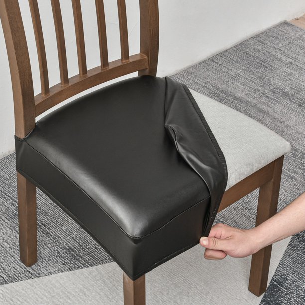 Xiao Hua Funda de Asiento de Silla de Comedor de Cuero Negro -6 Piezas, Banda Elástica Impermeable, Bolsillo Deslizante, Adecuada para Protección de Cocina y Comedor sin Reposabrazos