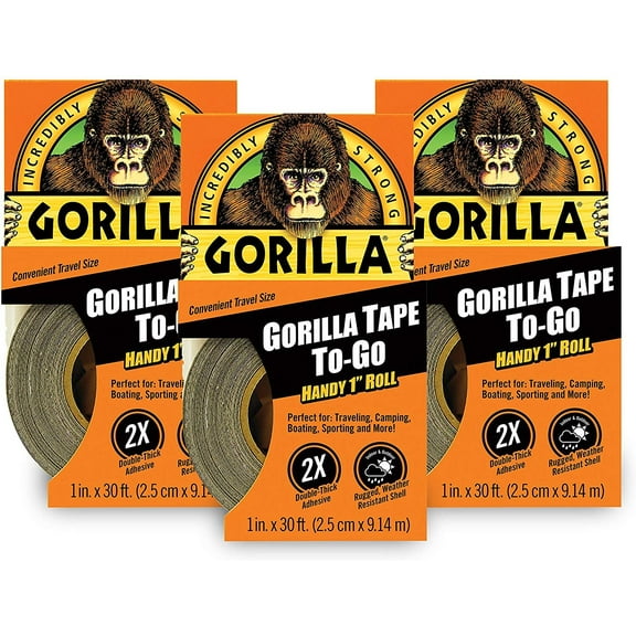 Gorilla Tape, Mini Duct Tape To-Go, 1" x 10 yd Travel Size, Black, (Pack of 3)