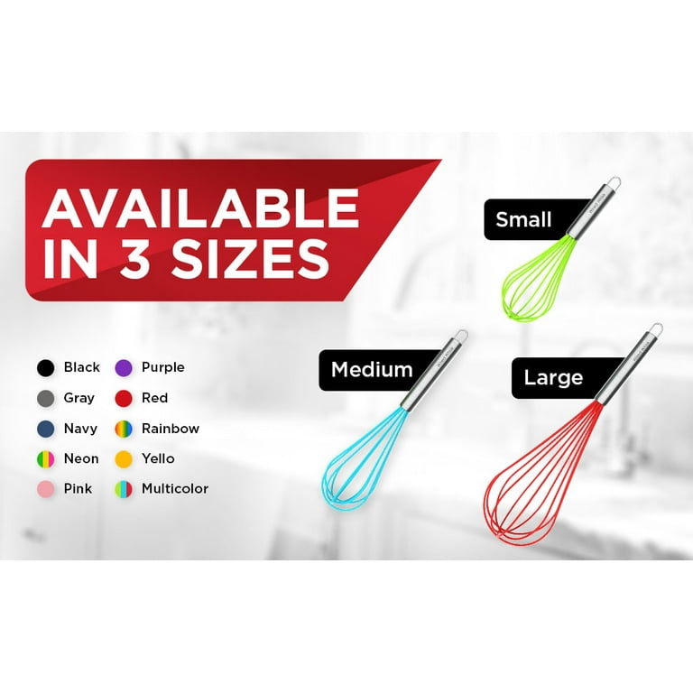COOK WITH COLOR Silicone Whisks for Cooking, Stainless Steel Wire Whisk Set  of Two - 10” and 12”, Heat Resistant Kitchen Whisks, Balloon Whisk for