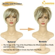 QUEENTAS Short Blonde Wigs for Women Pixie Cut Wig Layered Blonde Glueless Wig with Bangs Synthetic Hair Wig Cap