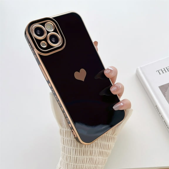 Slim Lightweight Case for iPhone 14 Pro Max, Electroplated Hearts Pattern Shockproof Thin Phone Cover for Women Girls, Lens Protection Drop Resistant Case for iPhone 14 Pro Max 6.7 Inch, Black