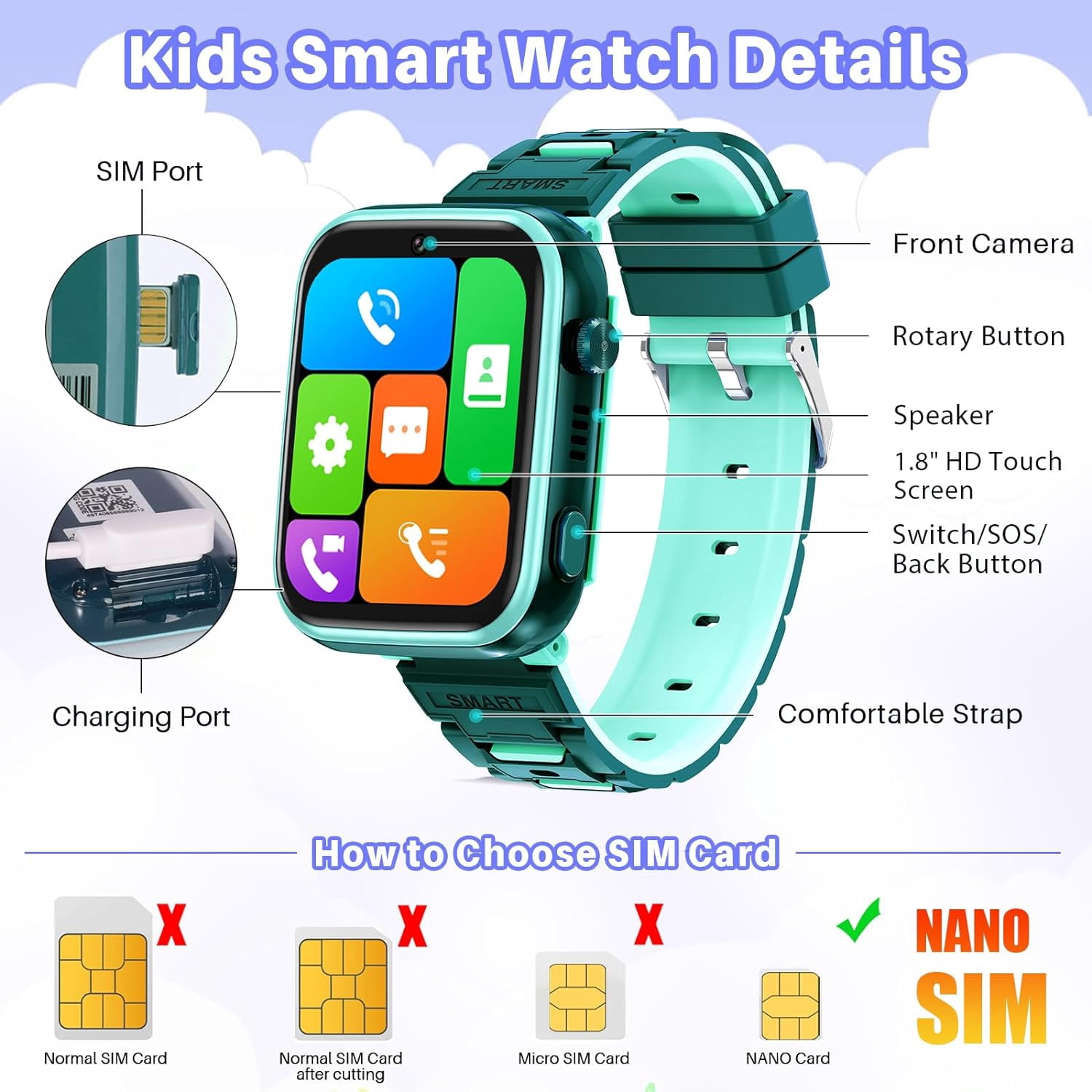 SHANNA 4G Smart Watch for Kids, GPS Tracker Watch, 2- Way Calling, Camera, SOS, WiFi, Touch Screen Kids Phone Watch for 4-12 Boys Girls Gifts, Cyan