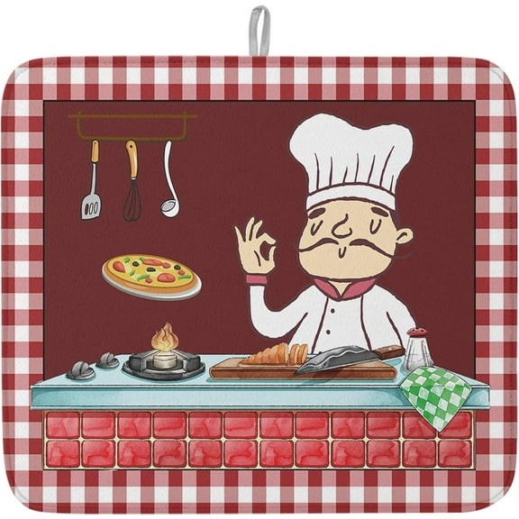 Kitchen Drying Mat for Counter Chef Cooking Pizza Brown Absorbent Dish Mats Foldable Microfiber Drainer Pad Tableware Red Buffalo Plaid Plate Holder Mat for Countertop Sink Decor 16x18In