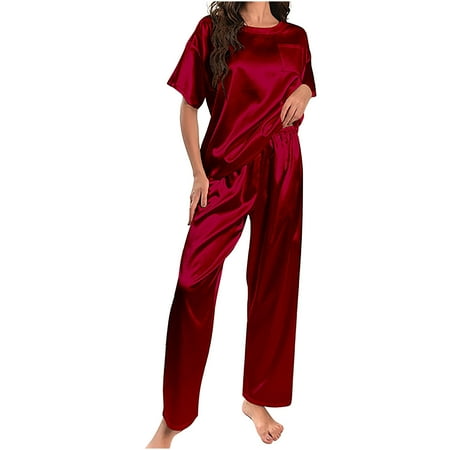 

Summer Savings Clearance 2023! pbnbp Two Piece Outfits for Women Plain Satin Short Sleeve Tops and Trousers Set Casual Homewear Pajamas Suits