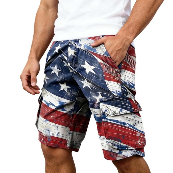 CONZONE 4Th Of July Mens Cargo Shorts Elastic Waist Drawstring Independence Day Shorts for Men Patriotic Usa Star Striped Graphic Lightweight Loose Fit America Vintage Shorts With Pockets