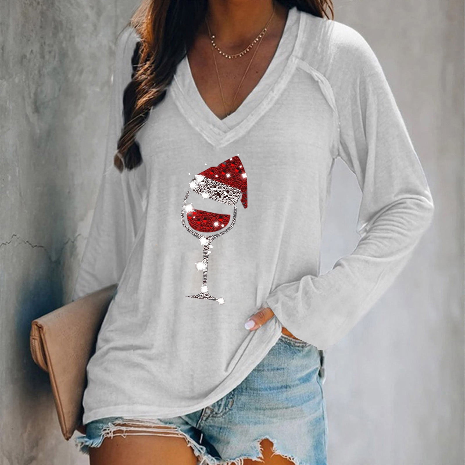 Women Casual Top Sexy V-Neck Merry Christmas Print Long Sleeve,Under 5  Dollar,Liquidation pallets,Lighten Deals of The Day,Labour Day Deals White