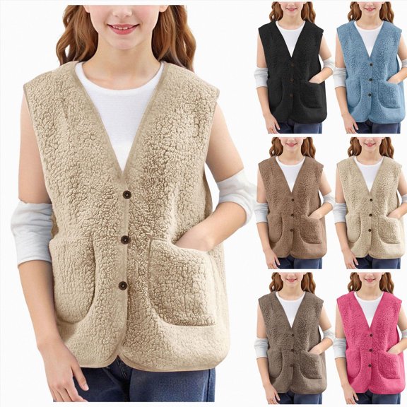 Nwiuh Girls' Boys Sherpa Fleece Vest Sleeveless Jacket Outwear Lightweight Solid Color Cute Jacket with Pockets (Black, 9-10 Years)