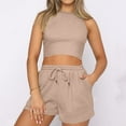 thumbnail image 2 of REORIAFEE Two Piece Outfits for Women Party Clubwear Beach Vacation Outfits Women's Fashion Shorts Two Piece Sleeveless Casual Suit Beige L, 2 of 8