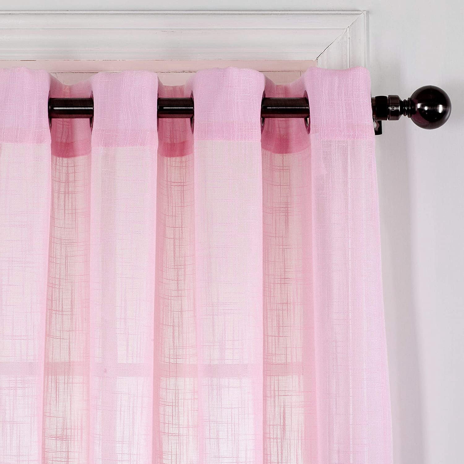 2 Pack Belgian Textured Linen Look Jacquard Sheer Grommet Top Curtain Panel Drape Set (63" Long, Light Pink)