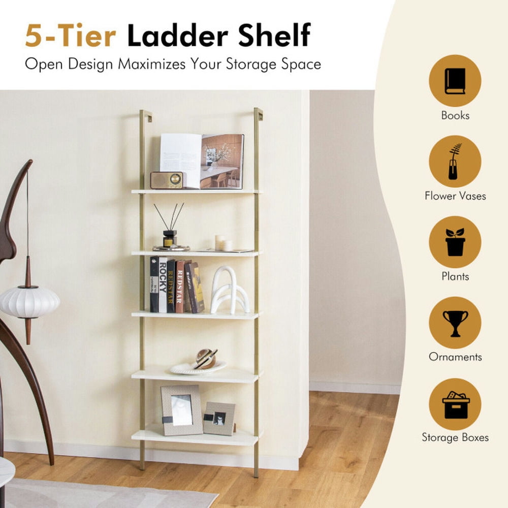 Demi Bonn 5 Tier Ladder Shelf Wall-Mounted Bookshelf, Bookcase with Steel Frame, White