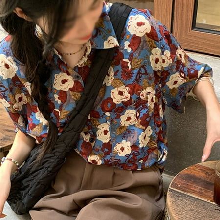 

KDJ Retro Hong Kong Style Printed Shirt Women Summer Loose Short Sleeves Tops