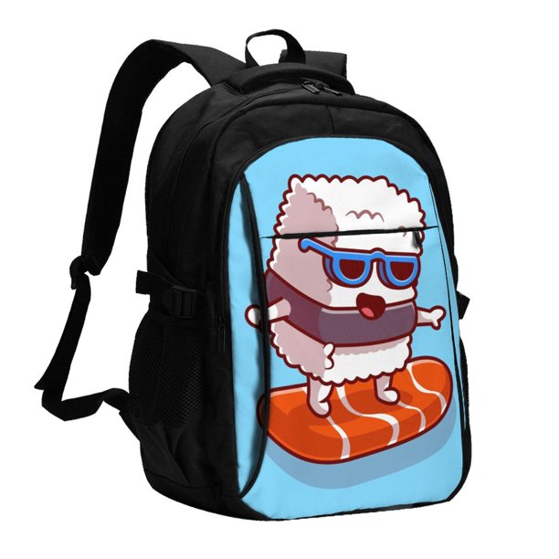 Balery Sushi Salmon Surfing Mochila con carga USB para hombre y mujer - Mochila impermeable y antirrobo para laptop con puerto USB para viajes, trabajo