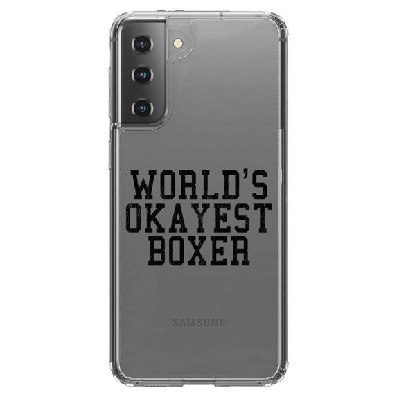 DistinctInk Clear Shockproof Hybrid Case for Galaxy S21 5G (6.2" Screen) - TPU Bumper Acrylic Back Tempered Glass Screen Protector - World's Okayest Boxer